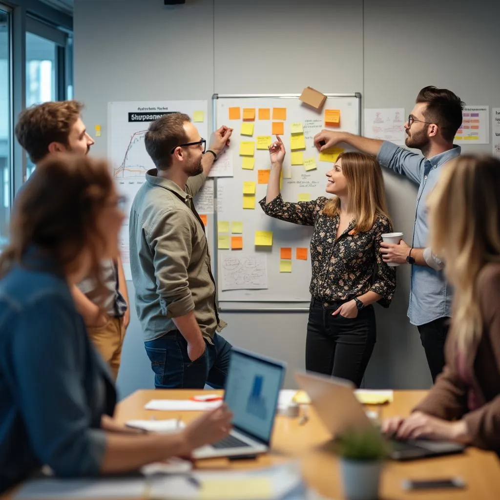 Equipo de EstrategiaCo en una sesión de lluvia de ideas