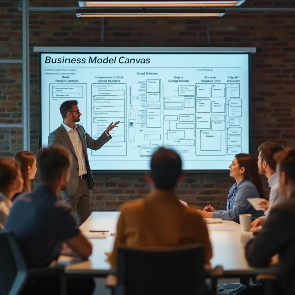 Consultor presentando un modelo de negocio a clientes