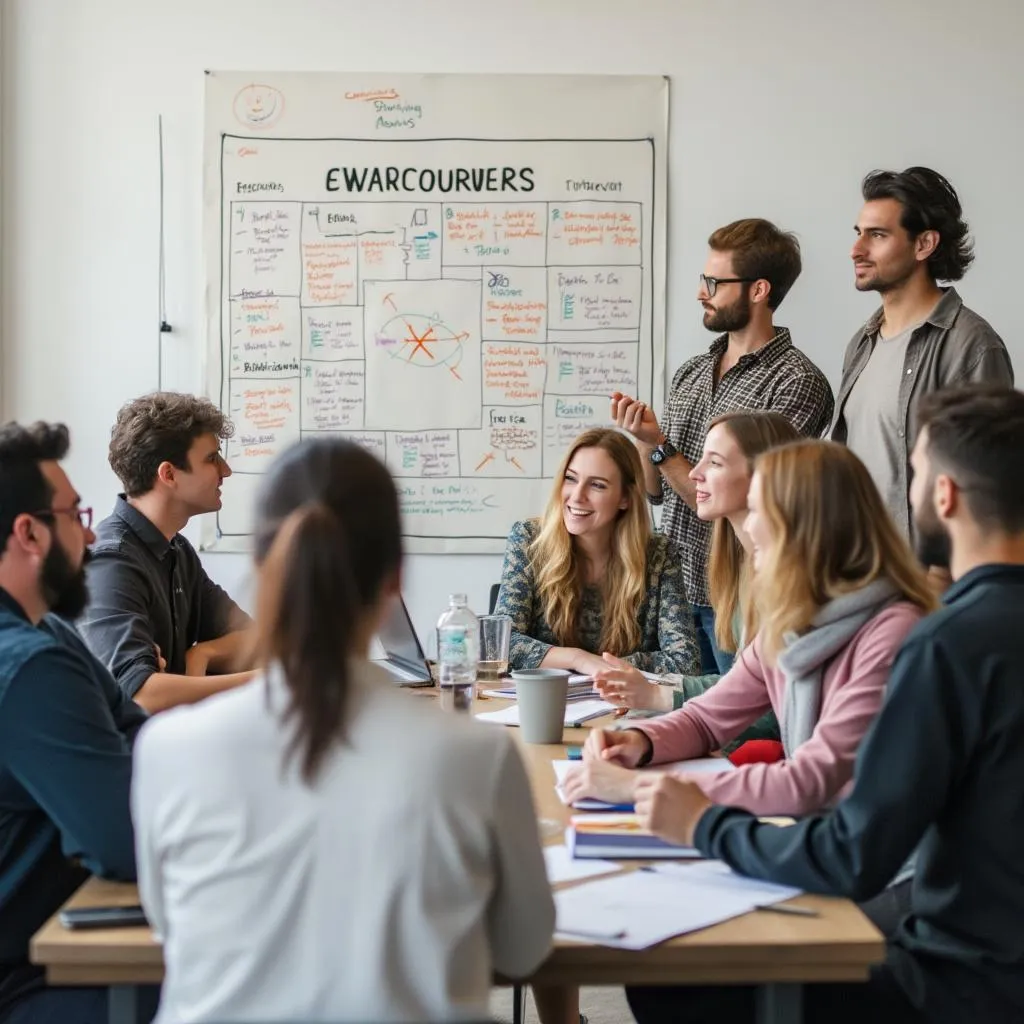 Equipo colaborando en el diseño de un modelo de negocio en una pizarra